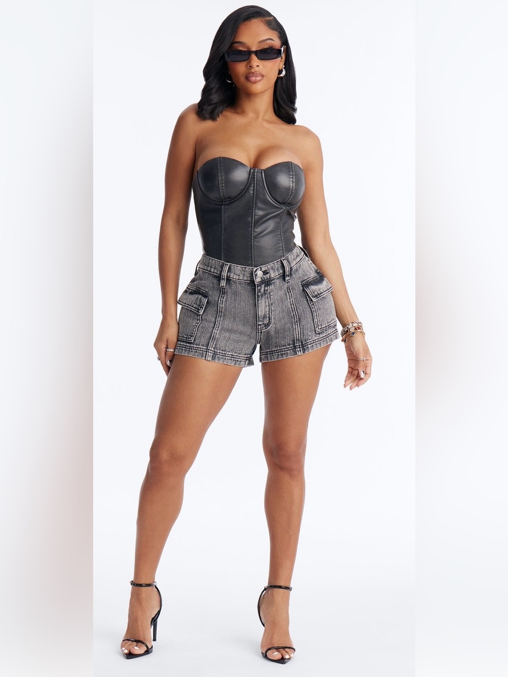 Gray Washed Denim Cargo Shorts
